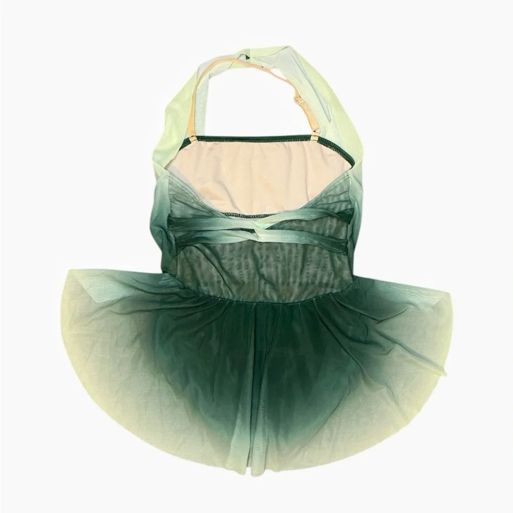 Weissman Elite | Lifelines Green White Ombre Mesh Halter Leotard Skirt, LC